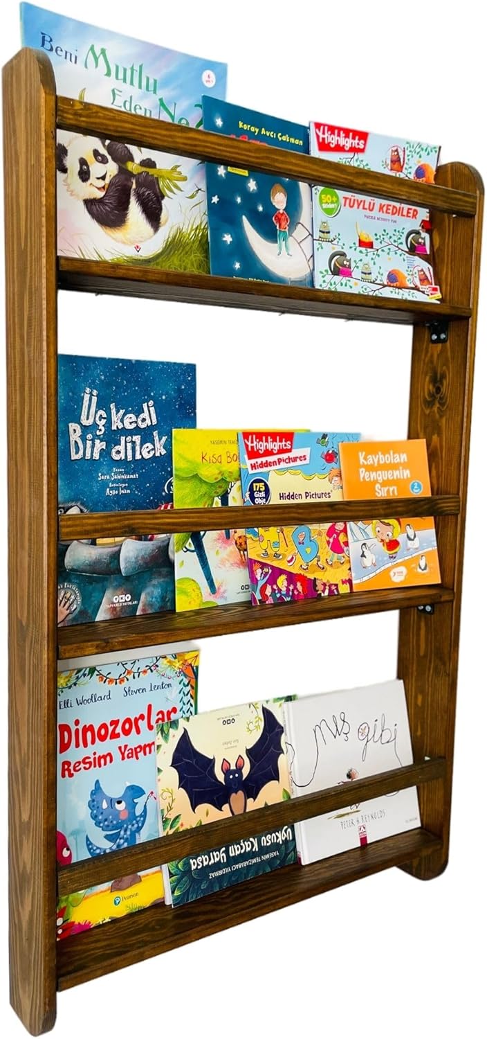 Real Wood Handmade Walnut Color Kids Wall Mounted Montessori Bookshelf for Nursery, Bedroom, Living Room (3 Tier, 36" Hx24 W)