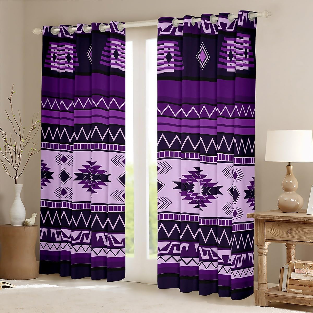 jejeloiu Boho Curtain (2 Panels, 52 x 84 Inch) Southwestern Native Aztec Blackout Shades Southwest Native American Design Window Drapes Bright Purple Room Darkening Curtain