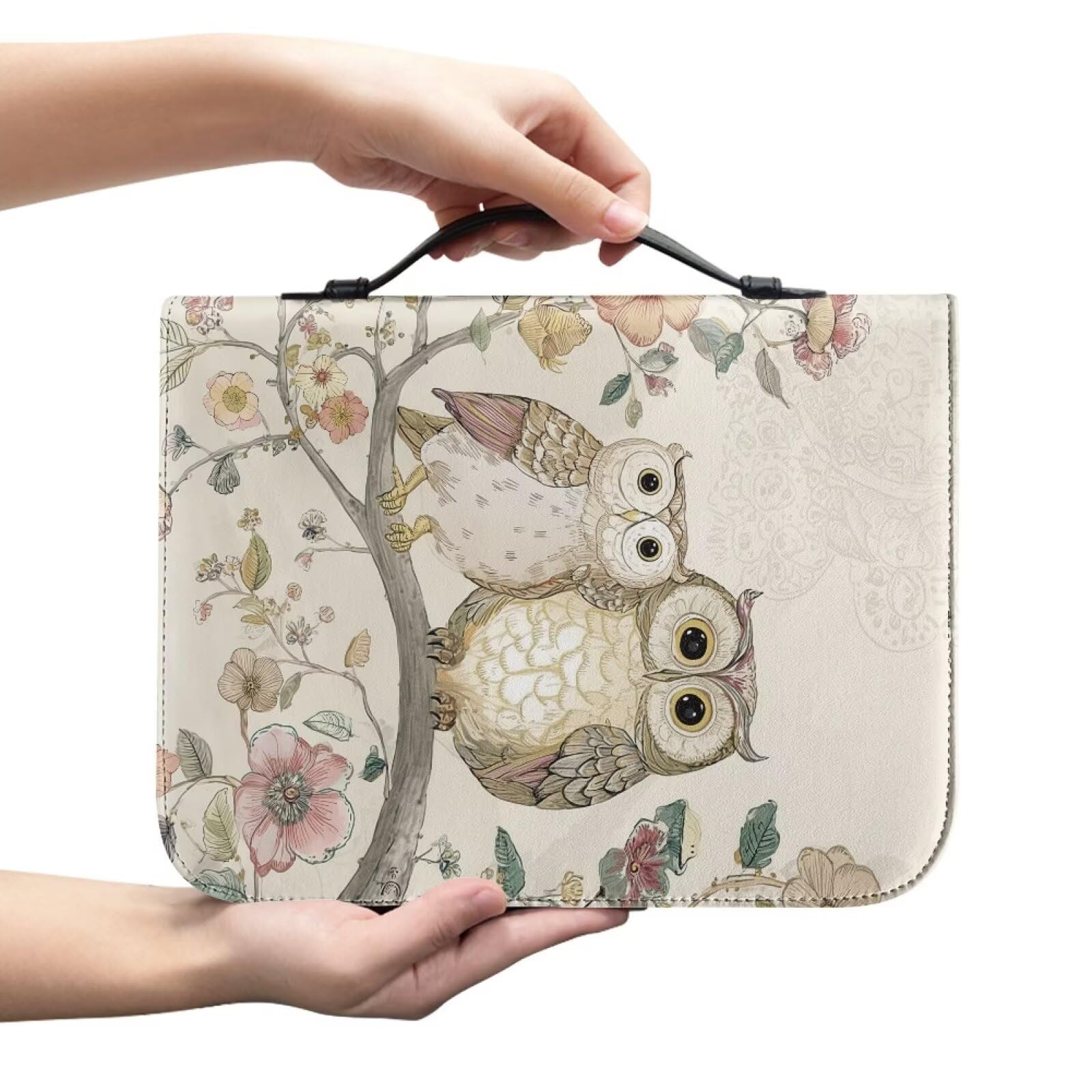 Kuiaobaty Owl Bird Print Bible Bag Carrying Book Case with Pen Slots, Vintage Owl Flower Painting Leather Handle Book Holder Organizer, Beige,2XL