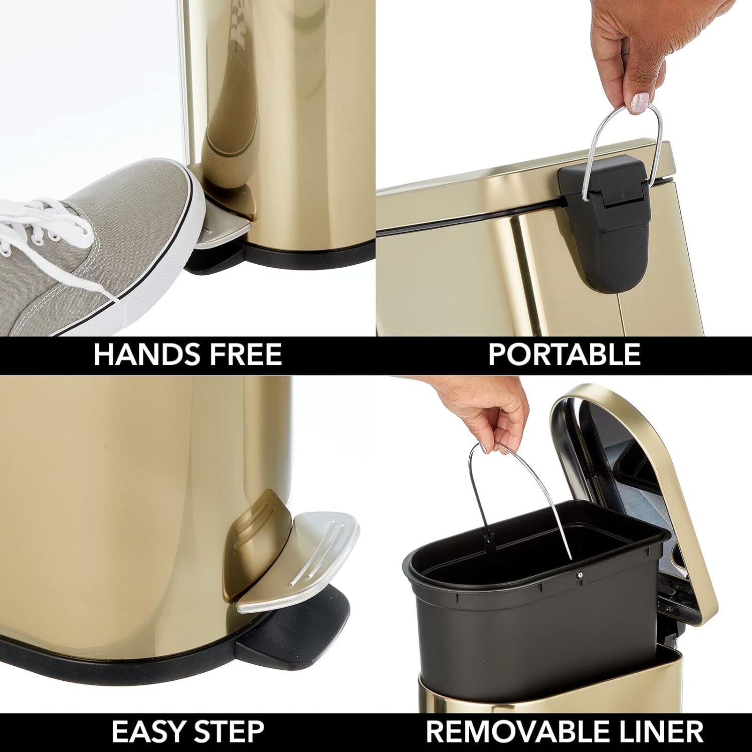mDesign Small 1.3 Gallon Stainless Steel Metal Step Trash Can Garbage Bin for Bathroom, Bedroom, Home Office, D-Shape Trashcan with Foot Pedal and Lid, Removable Liner Bucket with Handles, Soft Brass