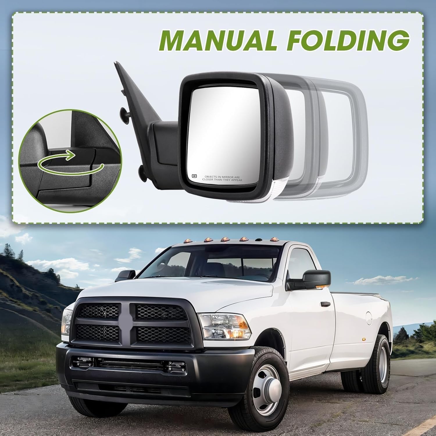 Side Mirrors for 2009-2018 Dodge Ram 1500 2010-2018 Ram 2500 3500 2019-2024 1500 Classic Tow Mirrors with Power Heated Turn Signal Puddle Light Manual Folding-Pair