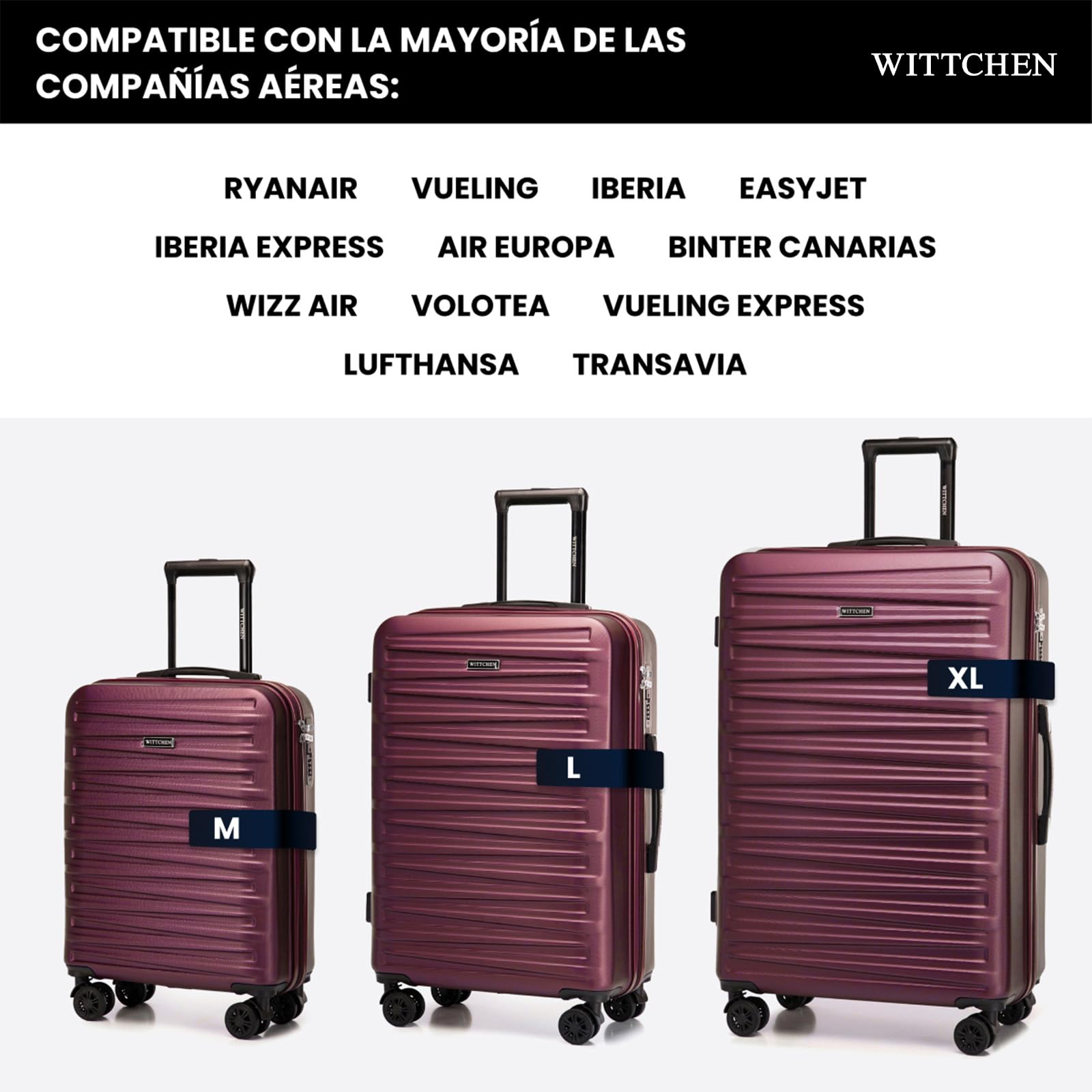 WITTCHEN Skyspeed Line Juego de 4 Maletas de Viaje Trolley con Ruedas Equipaje de Mano con Neceser maletín rígido ABS Cerradura de combinación asa telescópica 4 Ruedas Granate Ryanair/Vueling/Iberia