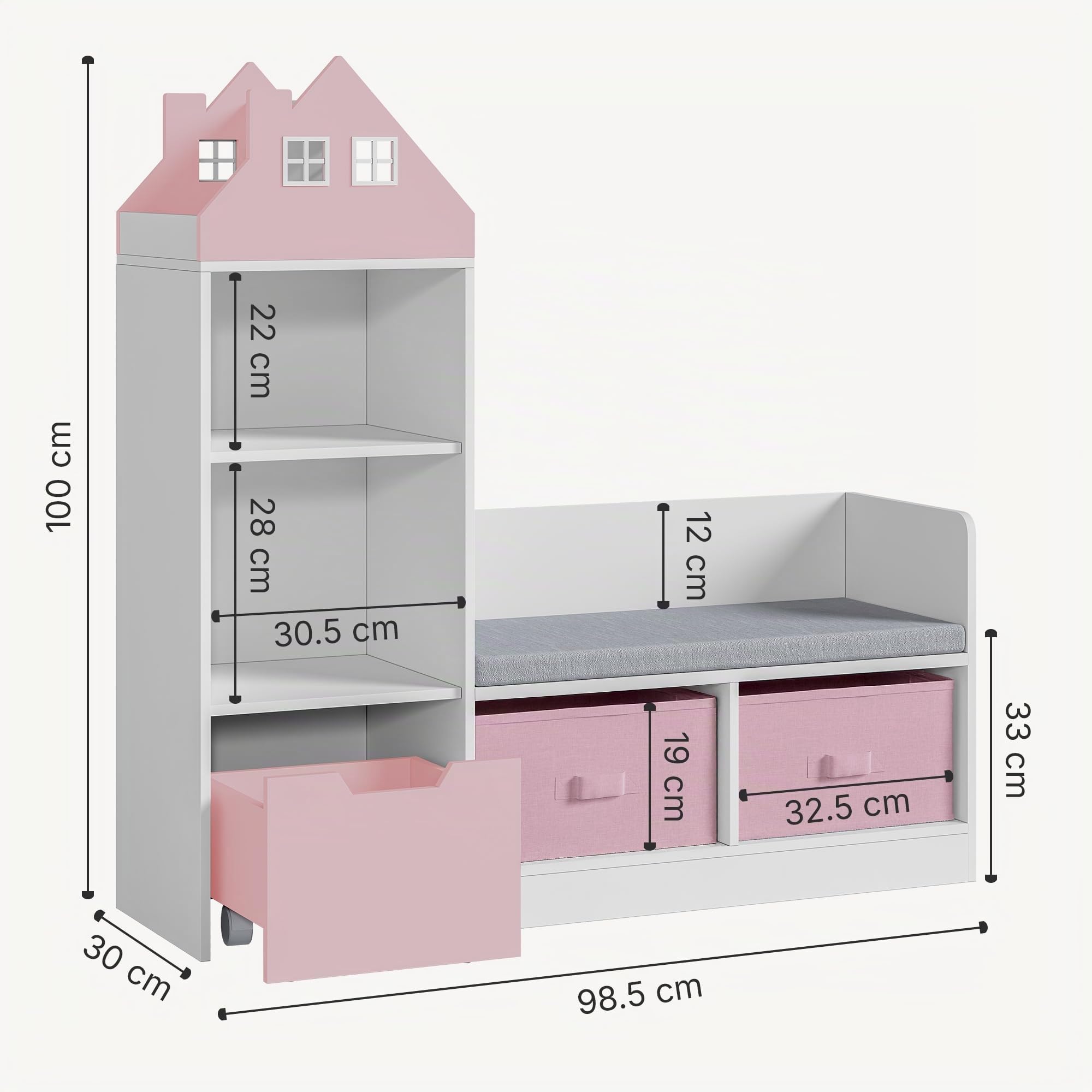 [en.casa] Estantería Infantil Vipsali en Forma de Casa con Banco 4 Compartimentos Abiertos 2 Cajas Plegables 1 Cajón Librería para Niños Niñas 100 x 99 x 30 cm - Rosa/Blanco