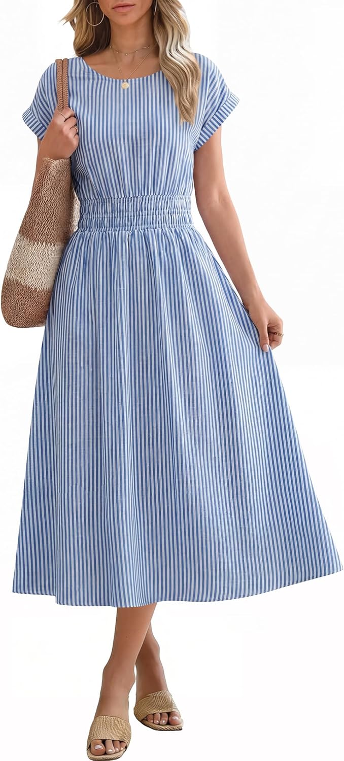 ANRABESS Womens Summer Midi Dress Striped Casual Short Sleeve Crewneck Empire Waist 2026 Flowy Long Beach Dress with Pockets
