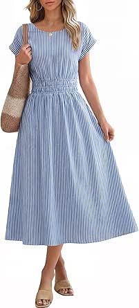 ANRABESS Women's Summer Midi Dress Striped Casual Short Sleeve Crewneck Empire Waist with Pockets