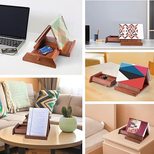 Miniatura 6 de Juome Soporte de madera para libros, marcador triangular para soporte de página, valet de lectura de rincón de libro con portavasos para
