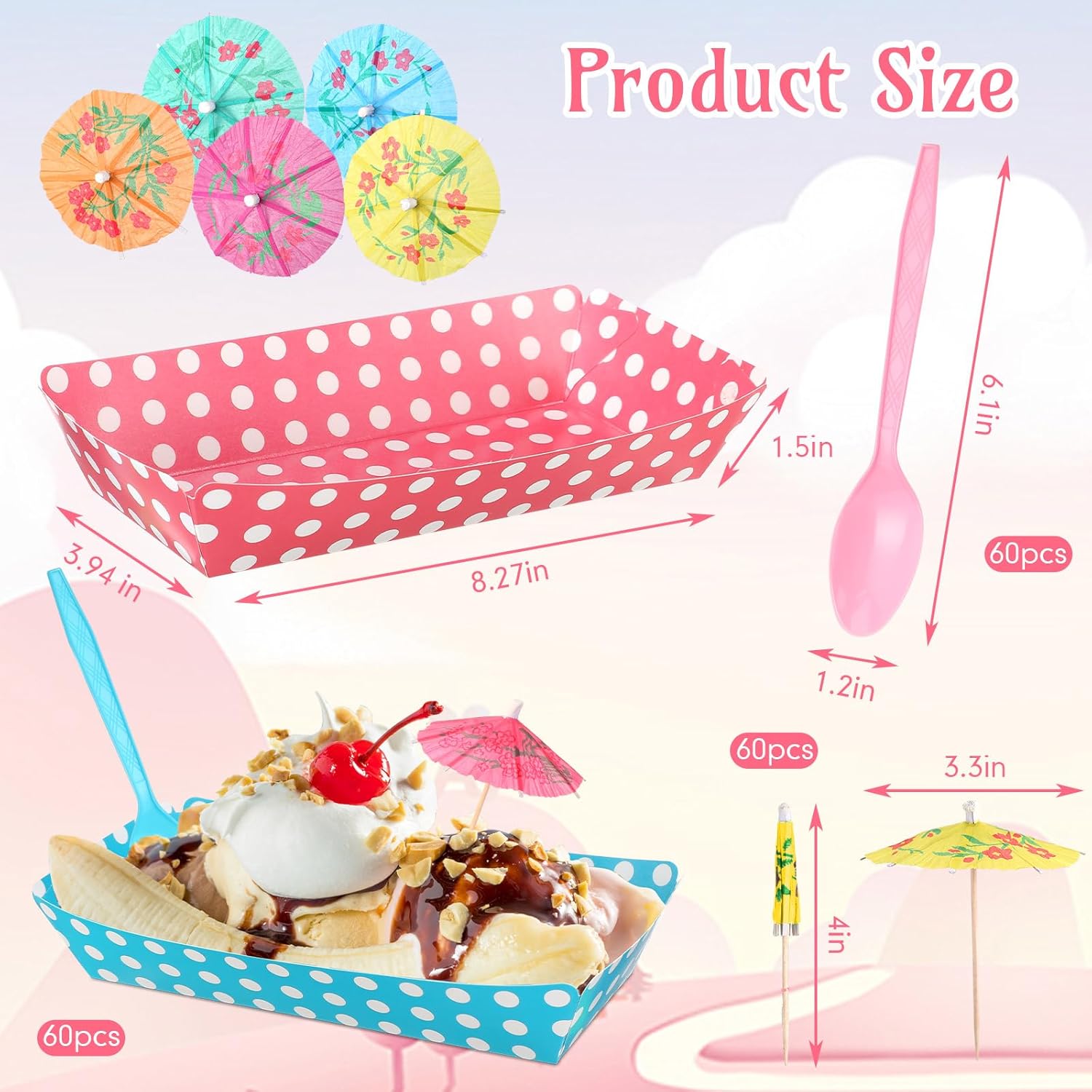 FoldTier 60 Set Colorful Food Trays Boat Paper Disposable Banana Split Boats with Umbrellas 8 oz Bowls for Birthday Summer Party Supplies Dessert (Polka Dot Style,Colorful)