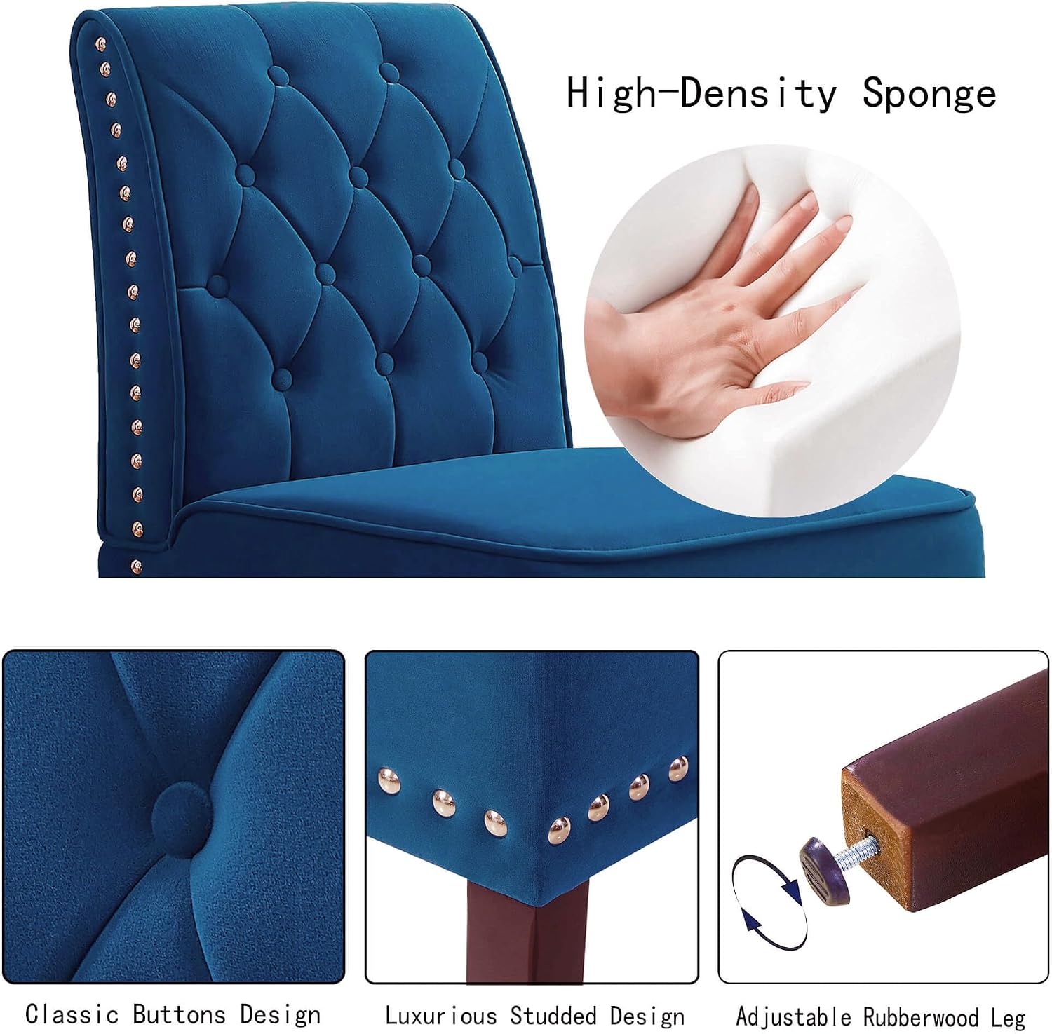DRM'SCUUM Armless Accent Chairs Slipper: 2PCS Tufted Buttons Slipper Chairs Dining Chairs with Nails Decorative Side Chair for Bedroom Living Room Kitchen (Blue)