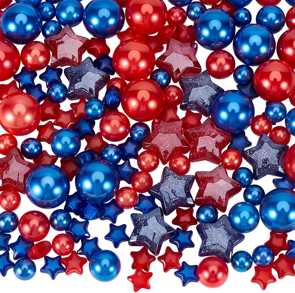158Pcs Patriotic Star Vase Filler 4th of July Fish Tank Decor Independence Day Colorful Small Acrylic Stars Plastic Round Pearl Bead Ornaments for Vase Jar Bowl Fish Tanks Prop DIY Decoration