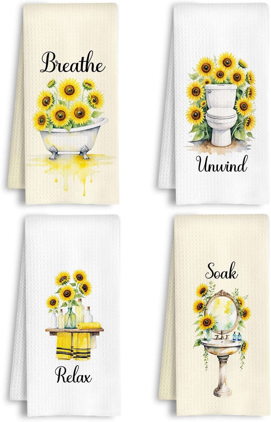 Sunflower Hand Towel Decor for Kitchen Home, Relax Soak Unwind Breathe Botanical Floral Hand Tea Towel for Bathroom Toilet Spa Gym, Sunflower Bathroom Decor, 16x24 Inch Set of 4