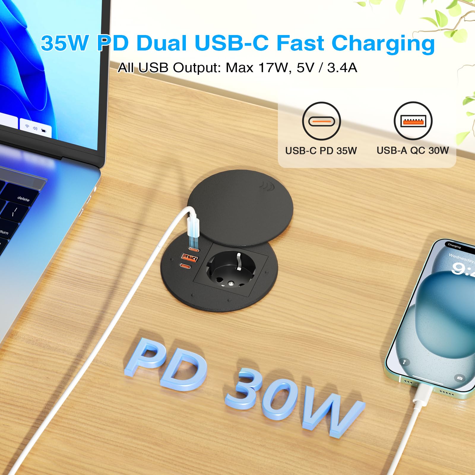 Gniazdo wpuszczane z USB C PD 35 W, wpuszczana listwa zasilająca z pokrywą, wysuwana wtyczka do blatu roboczego, meble kuchenne, kabel 1,8 m