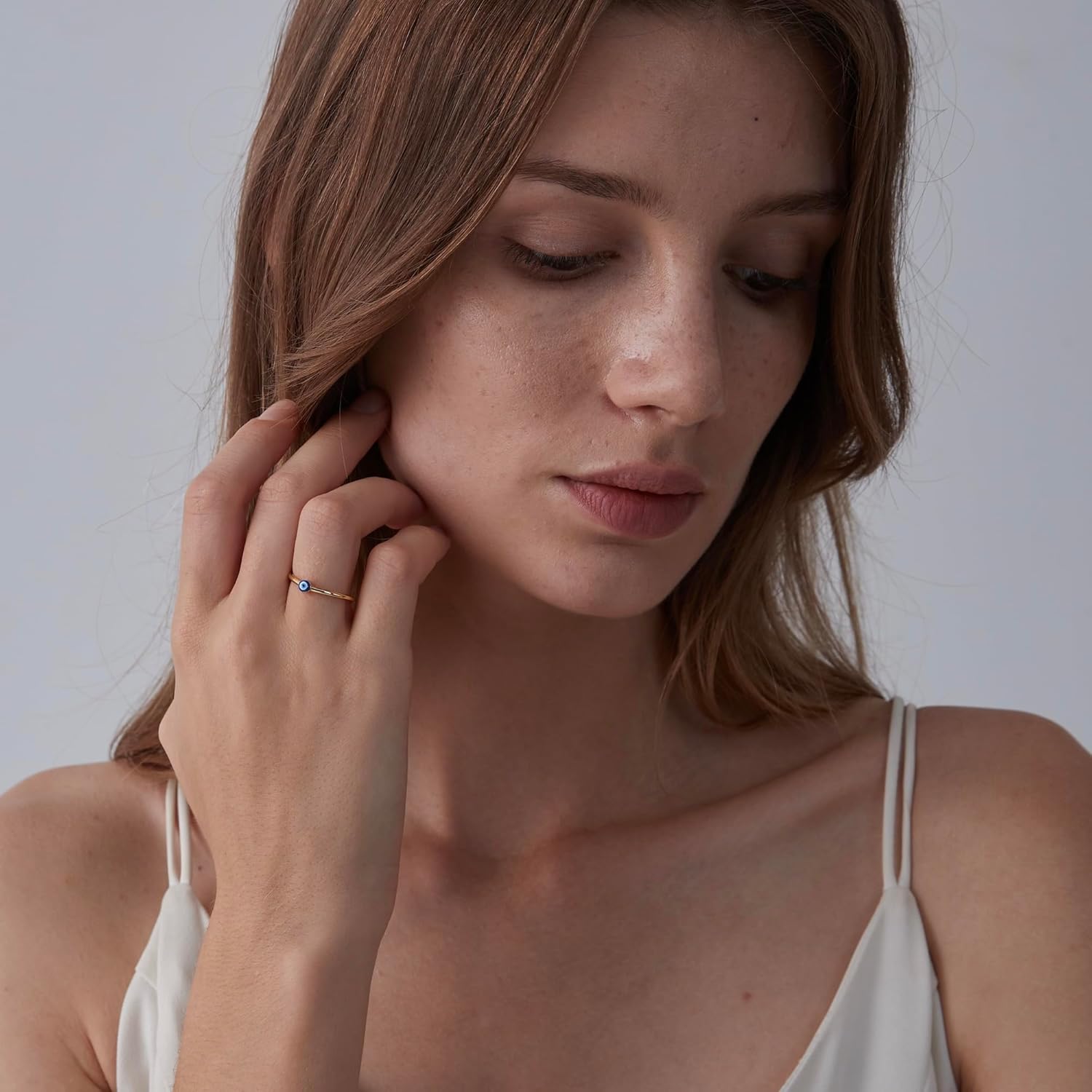 PERIMADE 18K Gold Plated Evil Eye Band Ring, Solid 925 Sterling Silver Turkish Enamel Blue Eye Stackable Band Ring for Women, Hypoallergenic Minimalist Stacking Ring Trendy Birthday Jewelry Gift, Size 6-8