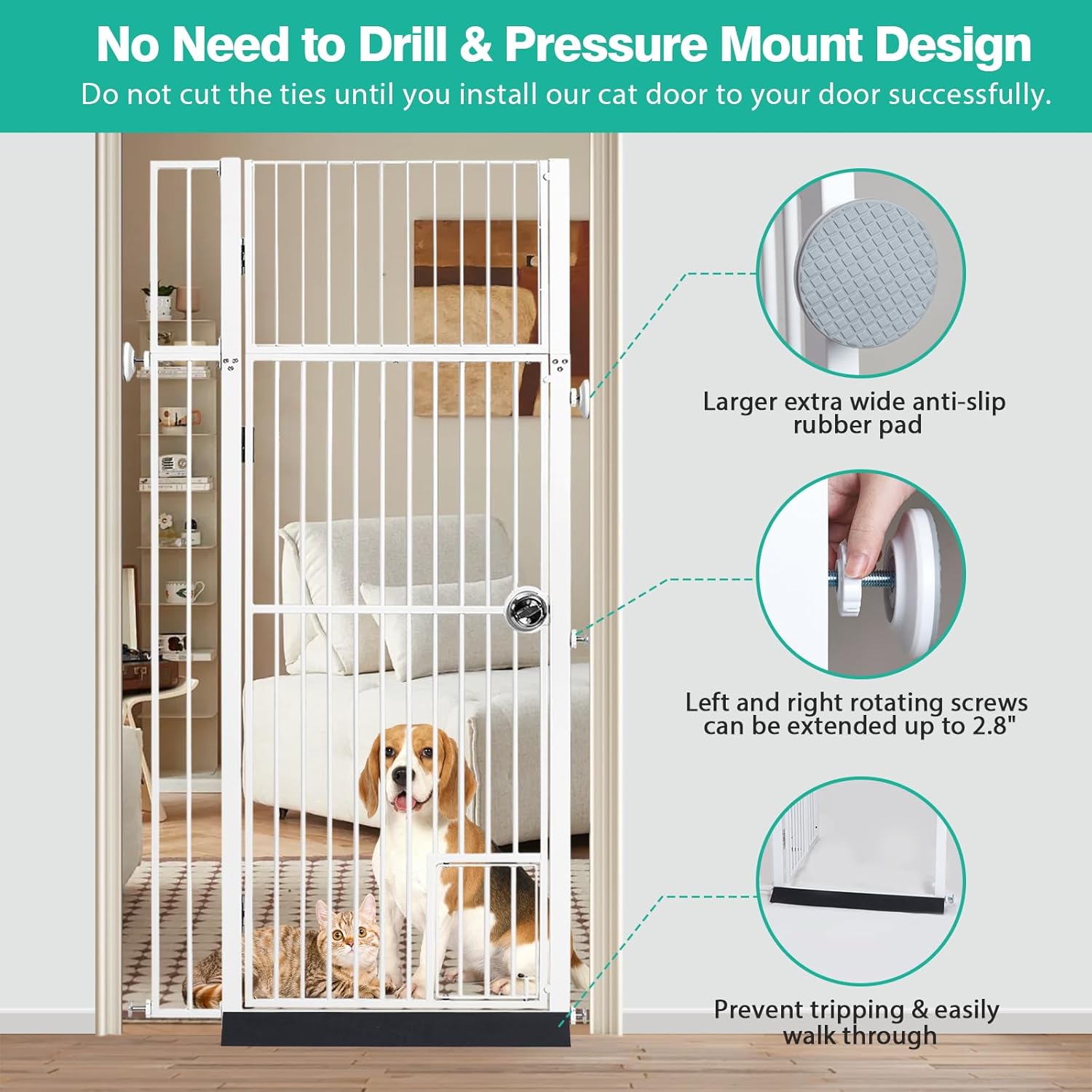 71" Extra Tall Pet Gate with Cat Door, Fits for 28.7"&37.5" Extra Wide Pressure Mounted Pet Barrier Auto-Close Safety Cat Gate with Walk Through Door Latch,White,No Drill