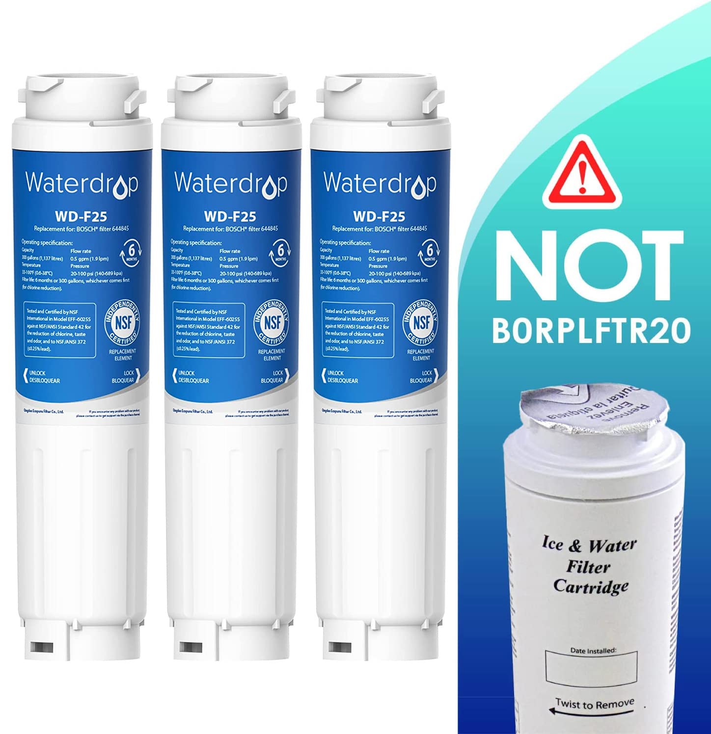 Waterdrop WD-F25 Filtro Acqua Frigorifero, Sostituzione per Bosch UltraClarity 644845 REPLFLTR10 00740560 9000194412 Neff Gaggenau Miele/Haier 0060820860 0060218743 Rangemaster DXD 90170 (3)