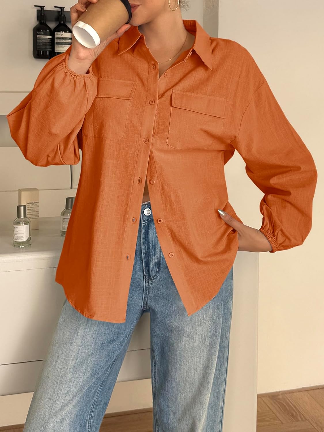 Cicy Bell Womens Oversized Linen Button Down Shirts Puff Long Sleeve Collared V Neck Cotton Blouses Loose Fit Tops - Image 4