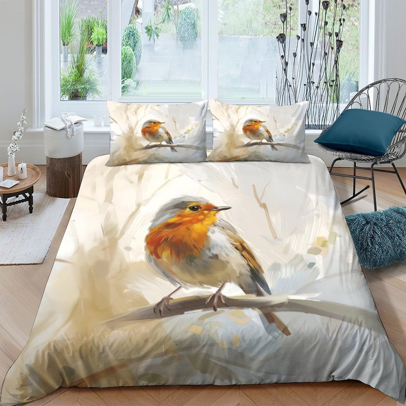 GPLZQXKJNH 3D Printed Robin Bird Duvet Cover Microfiber Soft Breathable Nature Branch Bedding Set with 2 Pillowcases for Bedroom Decor Single（135x200cm）