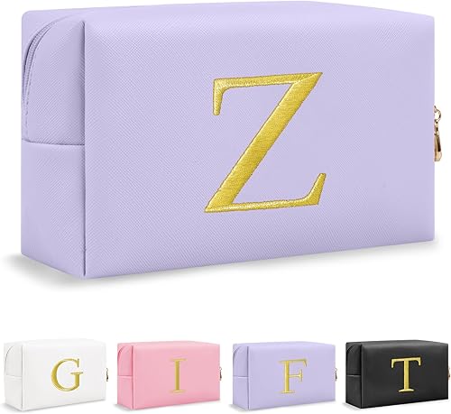 Miniatura 38 de Bolsa de Maquillaje con Inicial de Regalo Personalizado, Bolsa de Cosméticos Preppy con Letra Bordada Dorada, Rellenos de Calcetín para Chicas Blanco