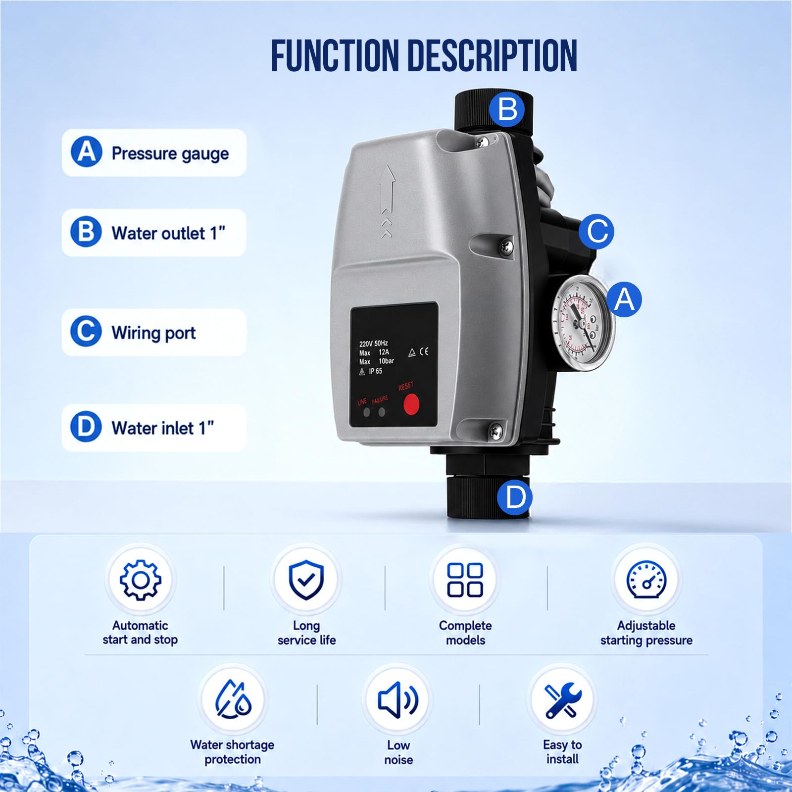 Automatischer Druckschalter Wasserpumpe mit Manometer, Pumpensteuerung Druckschalter einstellbar 10 bar, Druckwächter für selbstansaugende Pumpe, Kreiselpumpe, Gartenpumpe, 1m Kabel