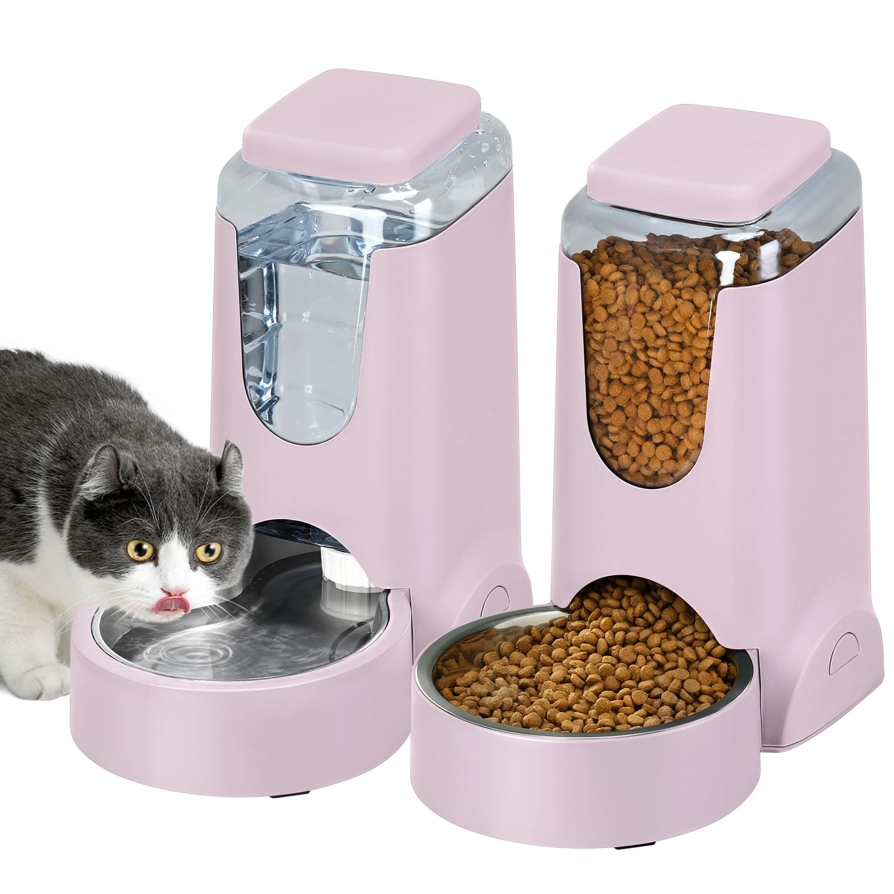 2 Pack Automatic Cat Feeder and Stainless Steel Water Dispenser, Gravity Dog Waterer Set Food Feeder and Waterer Set for Small Medium Kitten Puppy Pets(1 Gallon x 2, Violet)