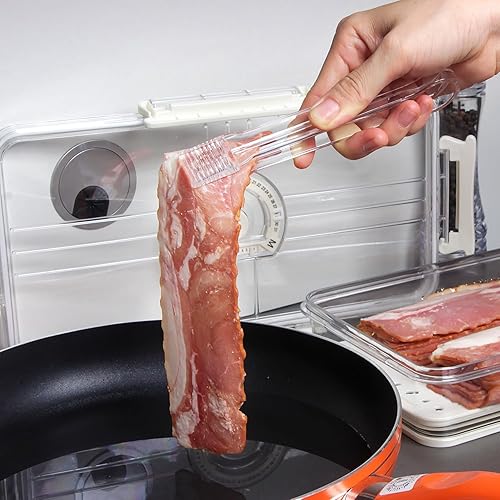 Miniatura 7 de Recipiente de almacenamiento de tocino con tapa hermética sellada al aire para nevera, soporte para tocino, carne y queso, con pinzas para servir