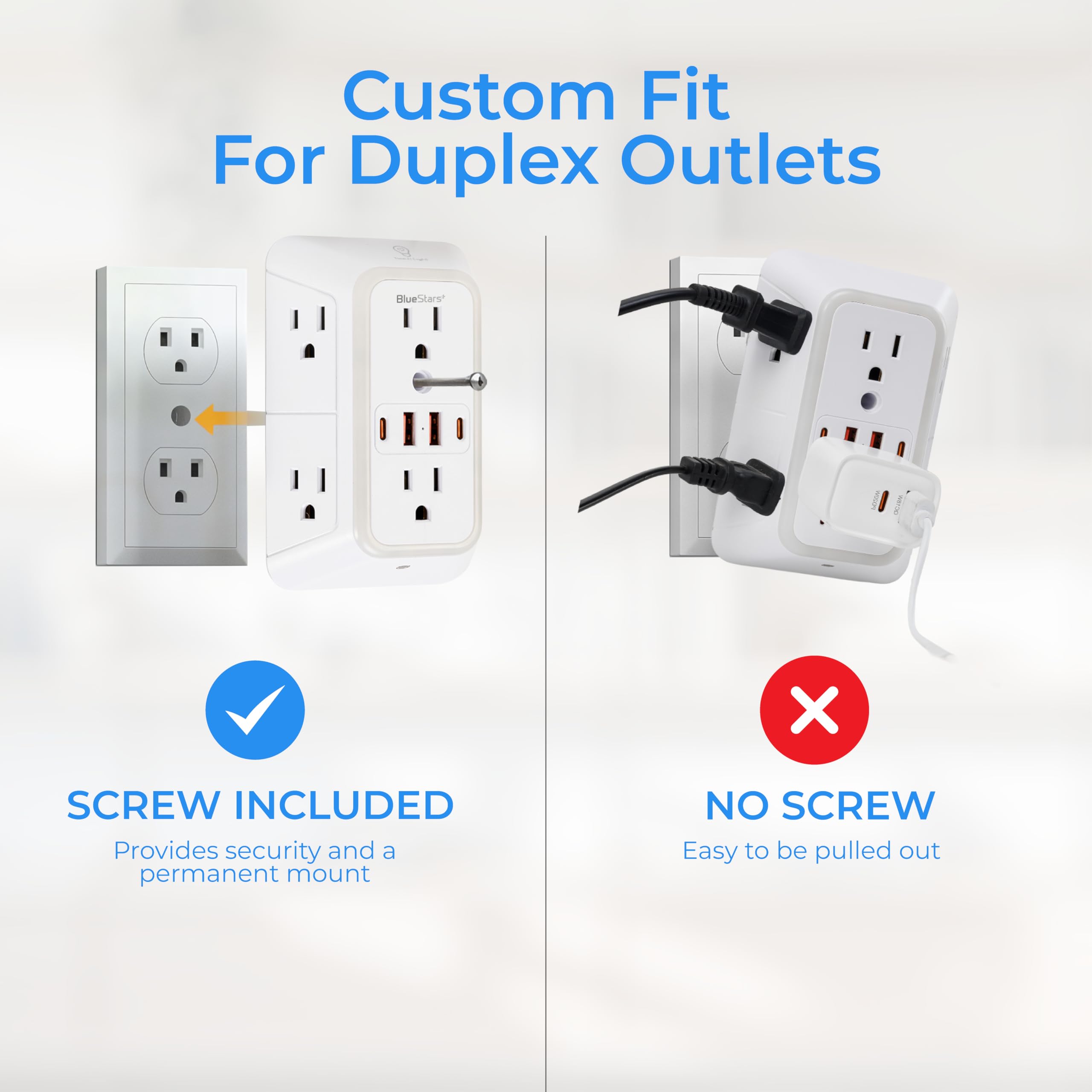 Cargador de pared USB con protector de sobretensiones de enchufe múltiple con 4 puertos USB y luz nocturna tira de alimentación de 3 lados con adaptador de tomas espaciadas
