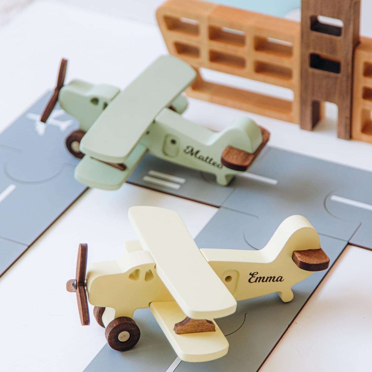 BUSY PUZZLE Personalized Wooden Biplane, Custom Name Vintage Plane Toy, Montessori Wood Aircraft, Baby Boy Gift, Aviation Nursery Decor