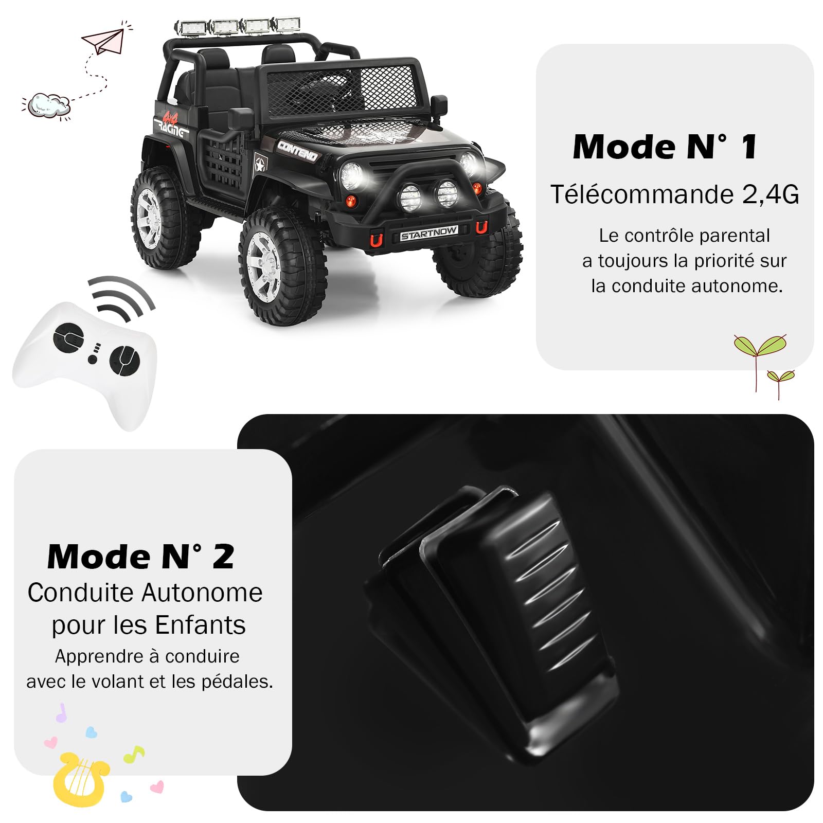 COSTWAY 12V Voiture Électrique Enfant avec Télécommande 2,4G, Véhicule Électrique avec Lumières LED & Musique & Klaxon, Démarrage Lent, 3 Vitesses, Charge 50kg pour Enfant de 3 Ans+ (Noir)