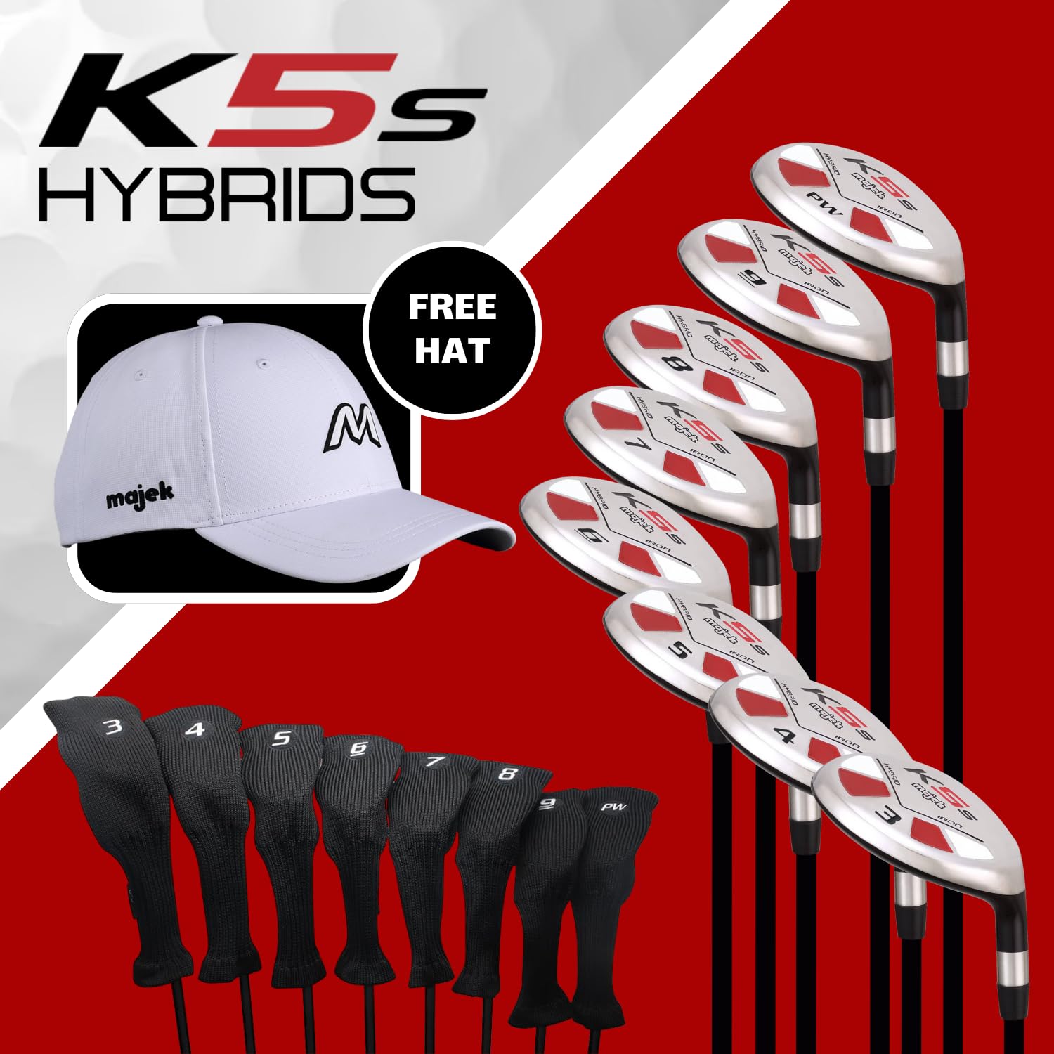 Majek Golf K5 Lady All True Hybrid Clubs Complete Full Hybrid Set Includes #3,4,5,6,7,8,9,PW + Headcover Set & Majek Golf Hat