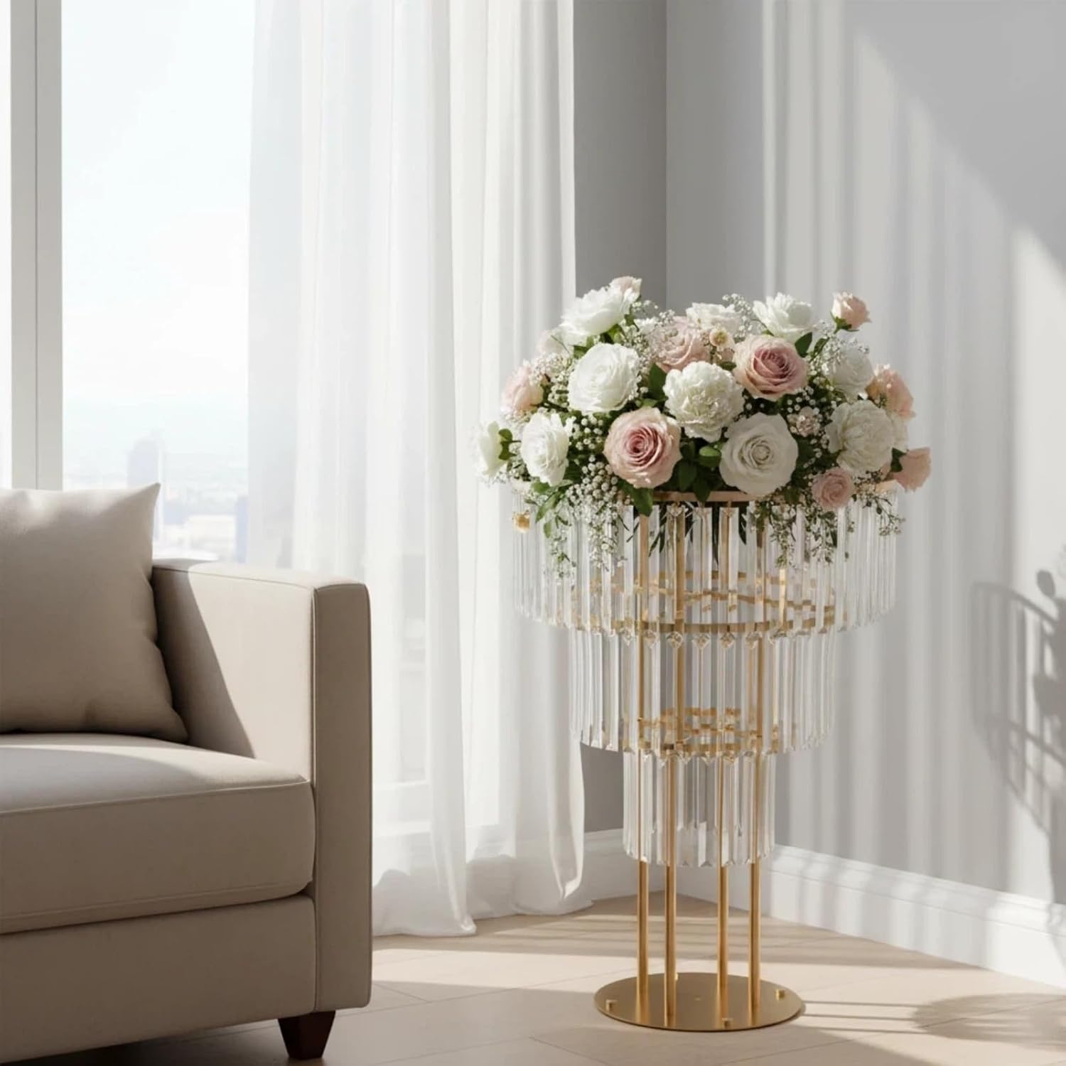 2Pcs Gold Wedding Flower Vases, Metal Flower Stand with Hanging Crystals & Round Pedestal, Modern Crystal Flower Holder for Wedding Road Lead T Stage Decoration (3 Tier)