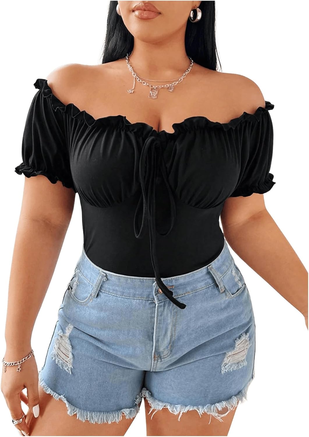 WDIRARA Women's Plus Size Off The Shoulder T Shirt Tie Front Puff Sleeve Tee Ruched Going Out Tops