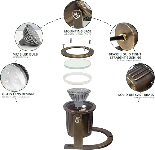 Miniatura 3 de GKOLED Luz subacuática de latón macizo, luces LED de bajo voltaje, iluminación de fuente sumergible con bombilla MR16 de 5 W, 2700 K, 410 LM, luz de