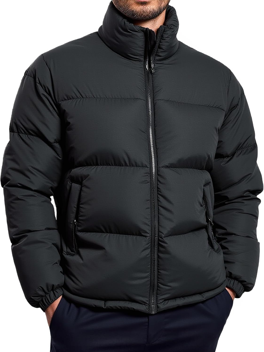 Men's Puffer Jacket Thickened Winter Coat Warm Stand Collar Color Block Zip Up Jacket Ski Bubble Coat