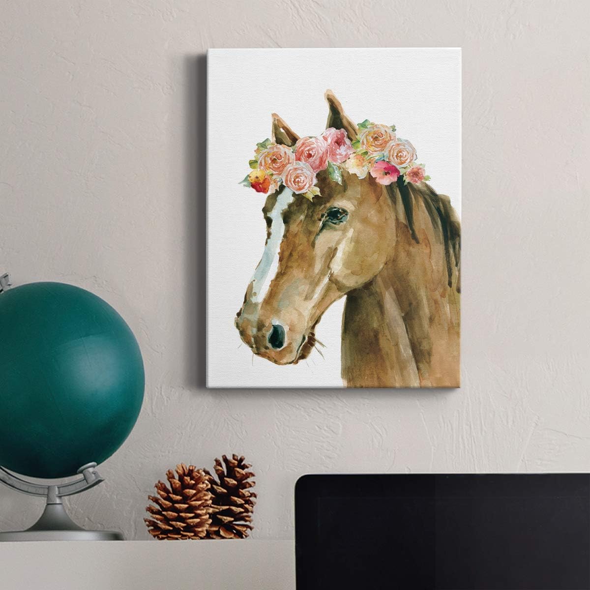 Renditions Gallery Canvas Animal Wall Art Modern Paintings Decorations Lovely Floral Crown Horse Colorful Nature Abstract Botanical Wall Hanging for Bedroom Office Kitchen - 16"x20" LT26