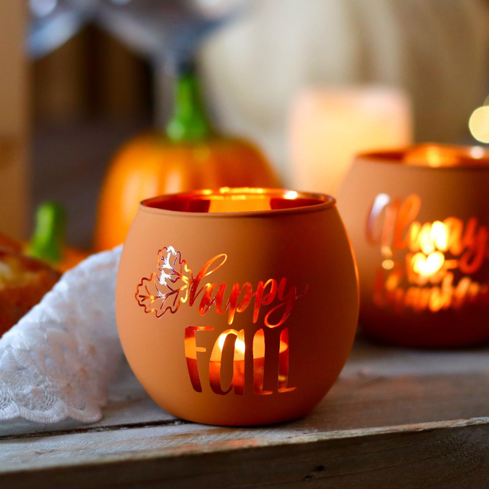 WDHODEC Portavelas de Acción de Gracias, 6 piezas de cristal de calabaza naranja para otoño, boda, fiesta, centro de mesa, decoración de Acción de Gracias, decoración de interiores y exteriores