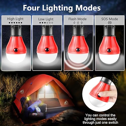 Miniatura 3 de PEMOTech Paquete de 4 faroles de campamento, 4 modos de iluminación, bombillas LED de campamento con ganchos de clip, impermeables, portátiles,