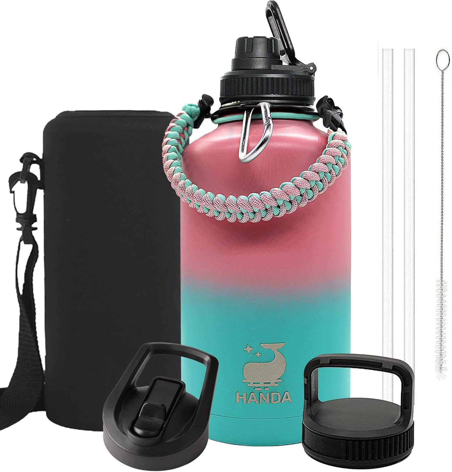 Vacuum Insulated Water Bottle with Straw, Paracord Handle & 3 Lids, Carrying Pouch BPA Free Double Wall Stainless Steel Wide Mouth Water Jug, Leakproof Keep & Cold Hot Sports Flask (64oz Pink/Blue)