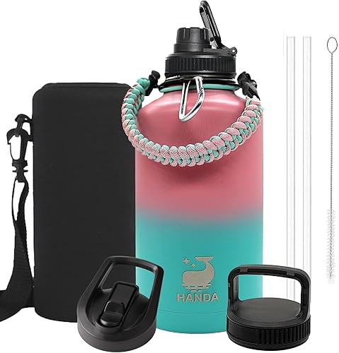 Botella de agua aislada al vacío con pajilla, mango de paracaídas y 3 tapas, bolsa de transporte sin BPA de doble pared de acero inoxidable de boca