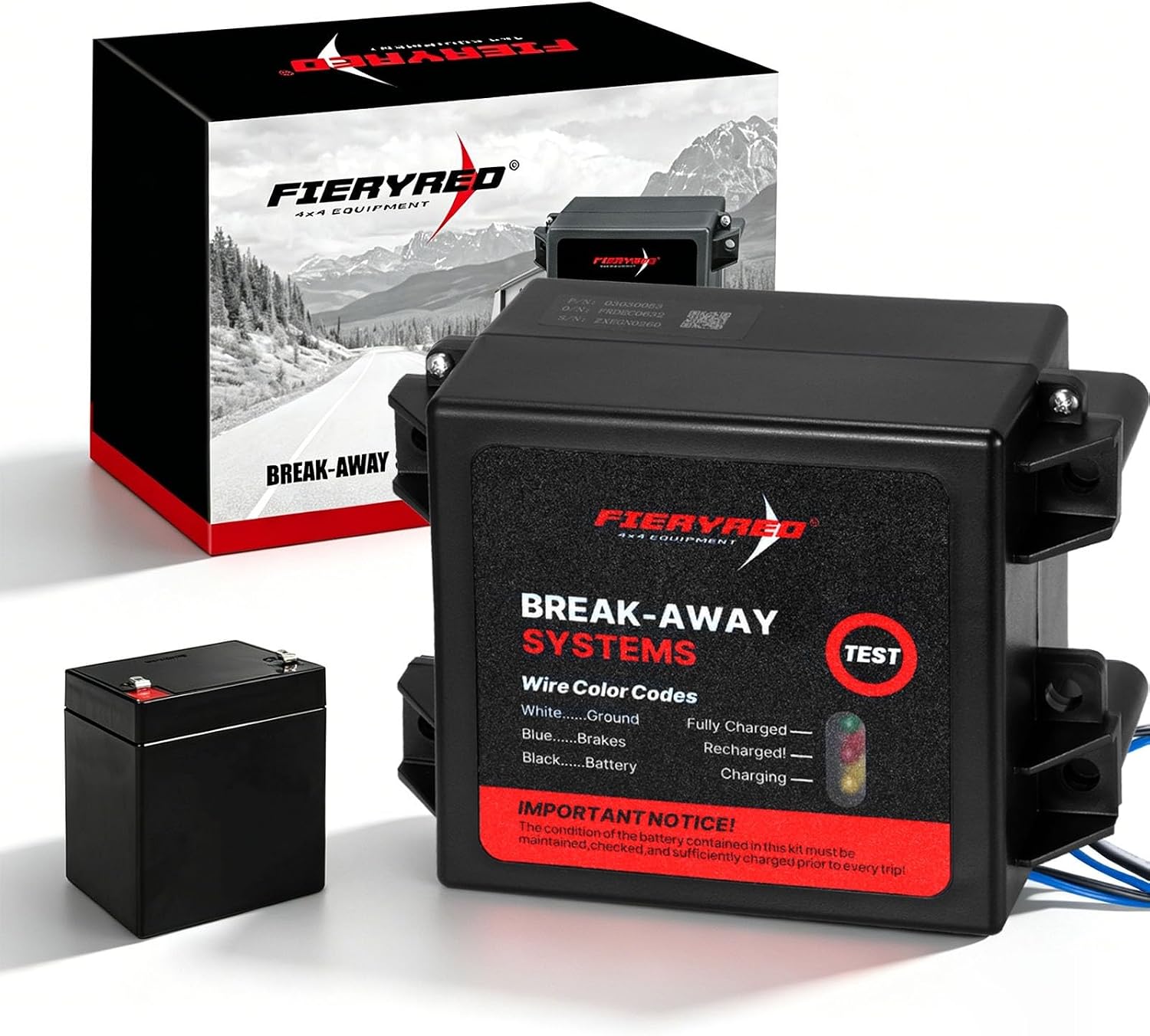 FIERYRED LED Test Trailer Brakes Breakaway Kit with Battery and Switch, Side Load Break-Away Controller System, Built in 12V 5AMP Charger
