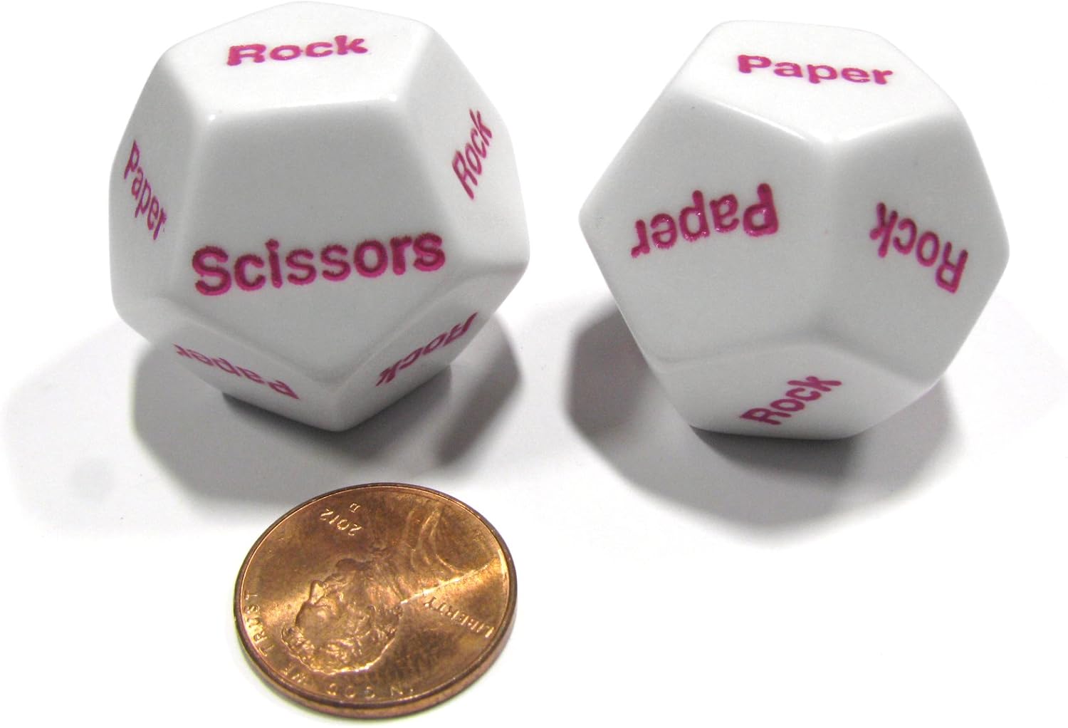 Set of 2 D12 12-Sided Rock, Paper, Scissors Game Dice - White with Pink Letters