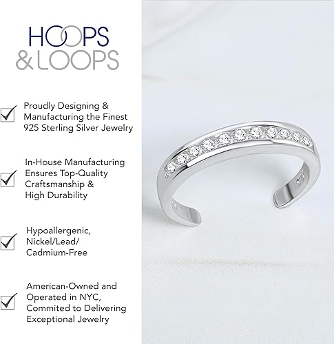 Miniatura 3 de Hoops & Loops Anillo de plata de ley 925 con circonita cúbica, ajustable, resistente al deslustre, hipoalergénico, con punta abierta, para mujeres,