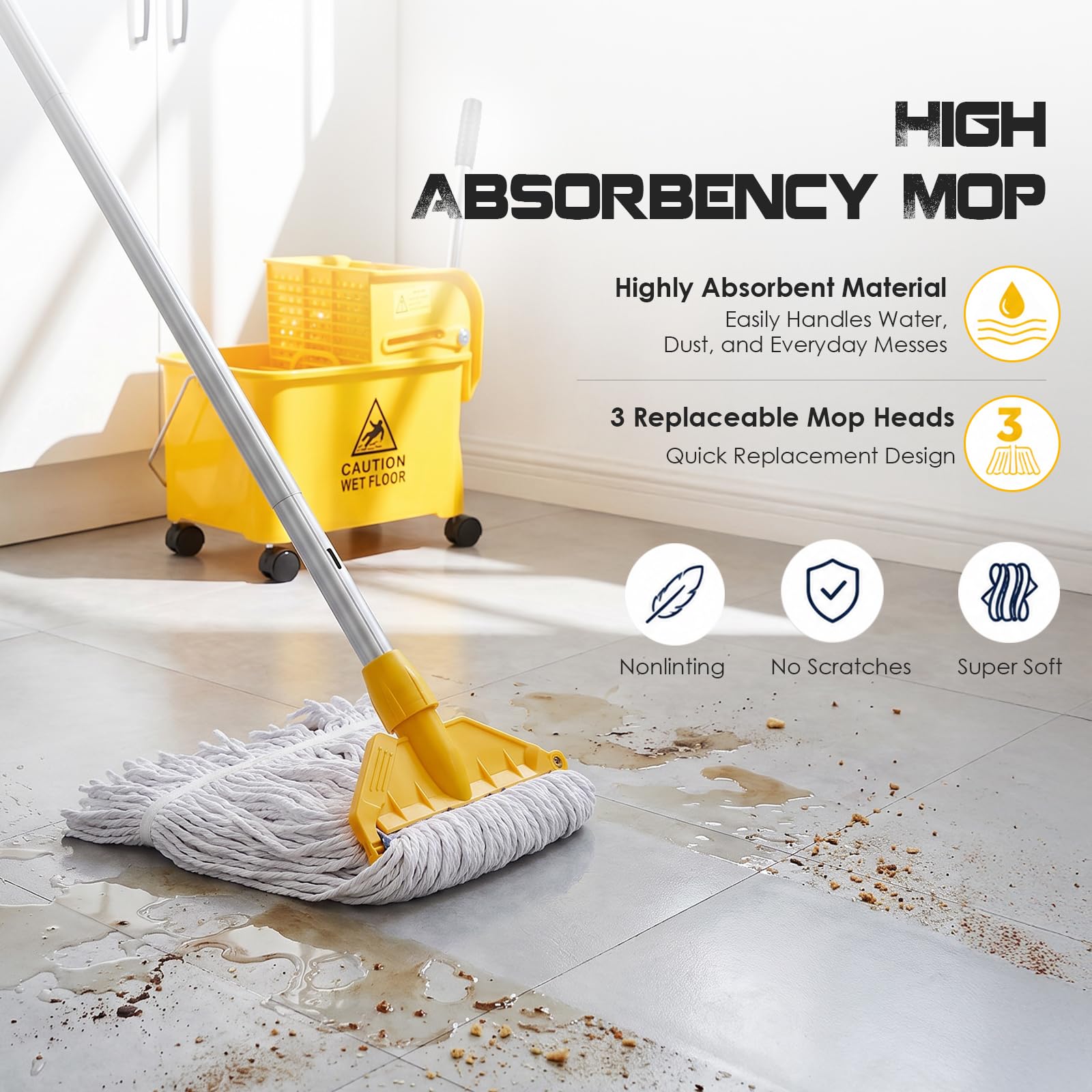Set di mocio industriale e secchio da 20 litri su ruote, strizzatore commerciale Kentucky con 3 teste per mocio, manico lungo 148 cm e ruote silenziose, pulizia resistente per scuole, ristoranti