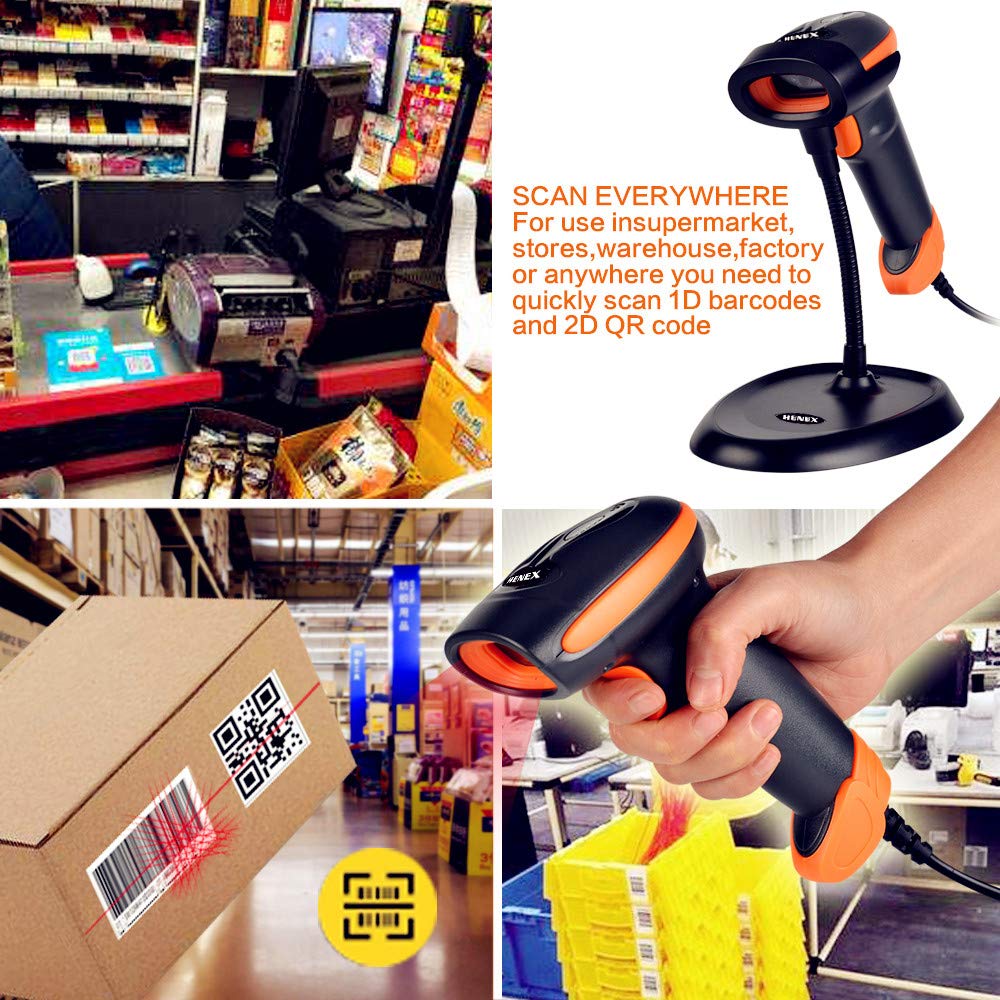 Multiple scenarios showing the HENEX HC-3208 barcode scanner in use in a supermarket, warehouse, and handheld scanning a QR code on a box