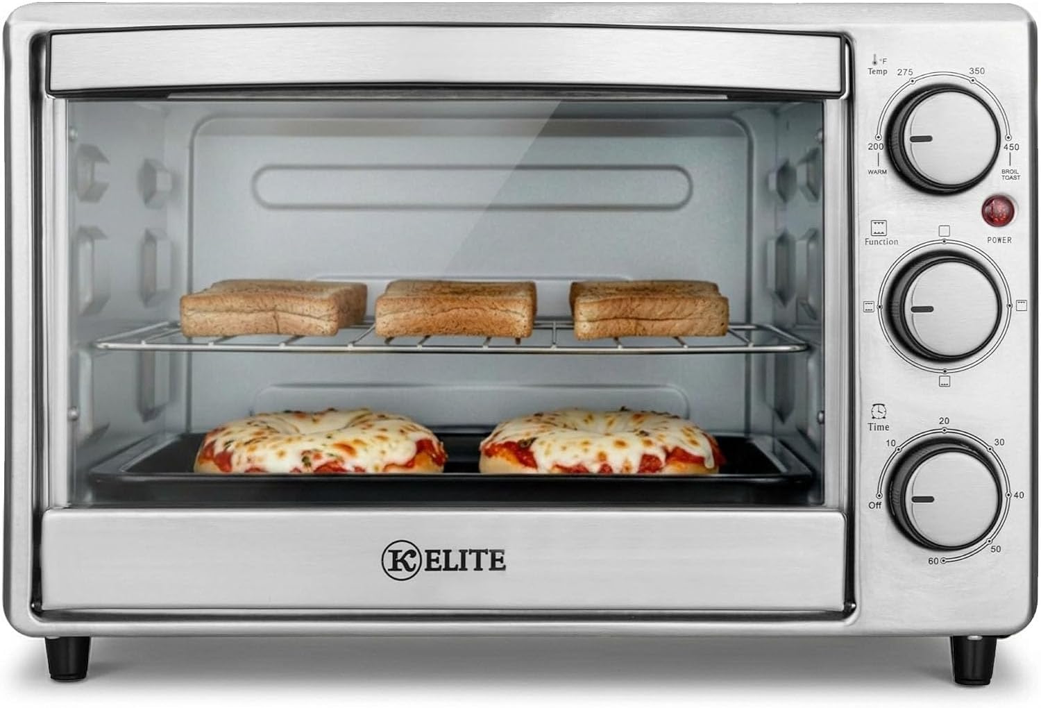Kitchen Elite 6-Slice Toaster Oven, Compact Countertop Appliance with Bake Tray, Wire Rack, Adjustable Timer, and Temperature Control, Stainless Steel