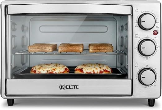 Kitchen Elite 6-Slice Toaster Oven, Compact Countertop Appliance with Bake Tray, Wire Rack, Adjustable Timer, and Temperature Control, Stainless Steel