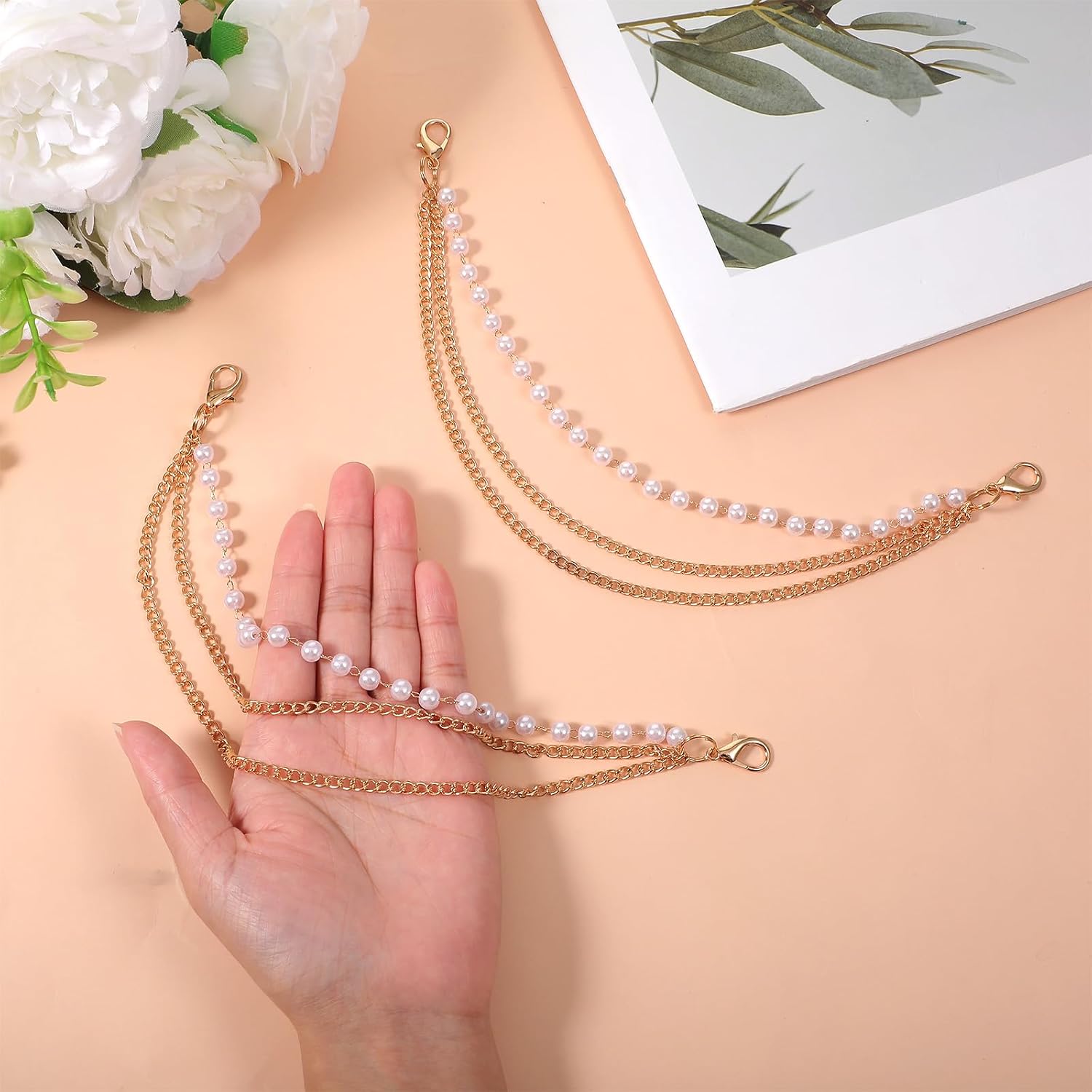 2PCS Boot Chains Jewelry for Women, 20CM Shoe Accessories & Charms for Sneakers - 3-Layer Gold Pearl Boot Chains Decoration for Bag Handbags Keychain