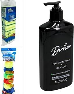 DADE Dish Cleaning Bundle Scrub Buddies Sponges 6 ct Packs | Dishes Peppermint Sage Dish Soap 16 oz |Scrub Buddies Nonstick Scrubbers 7-ct. for Kitchen Home Bathroom (14 count)