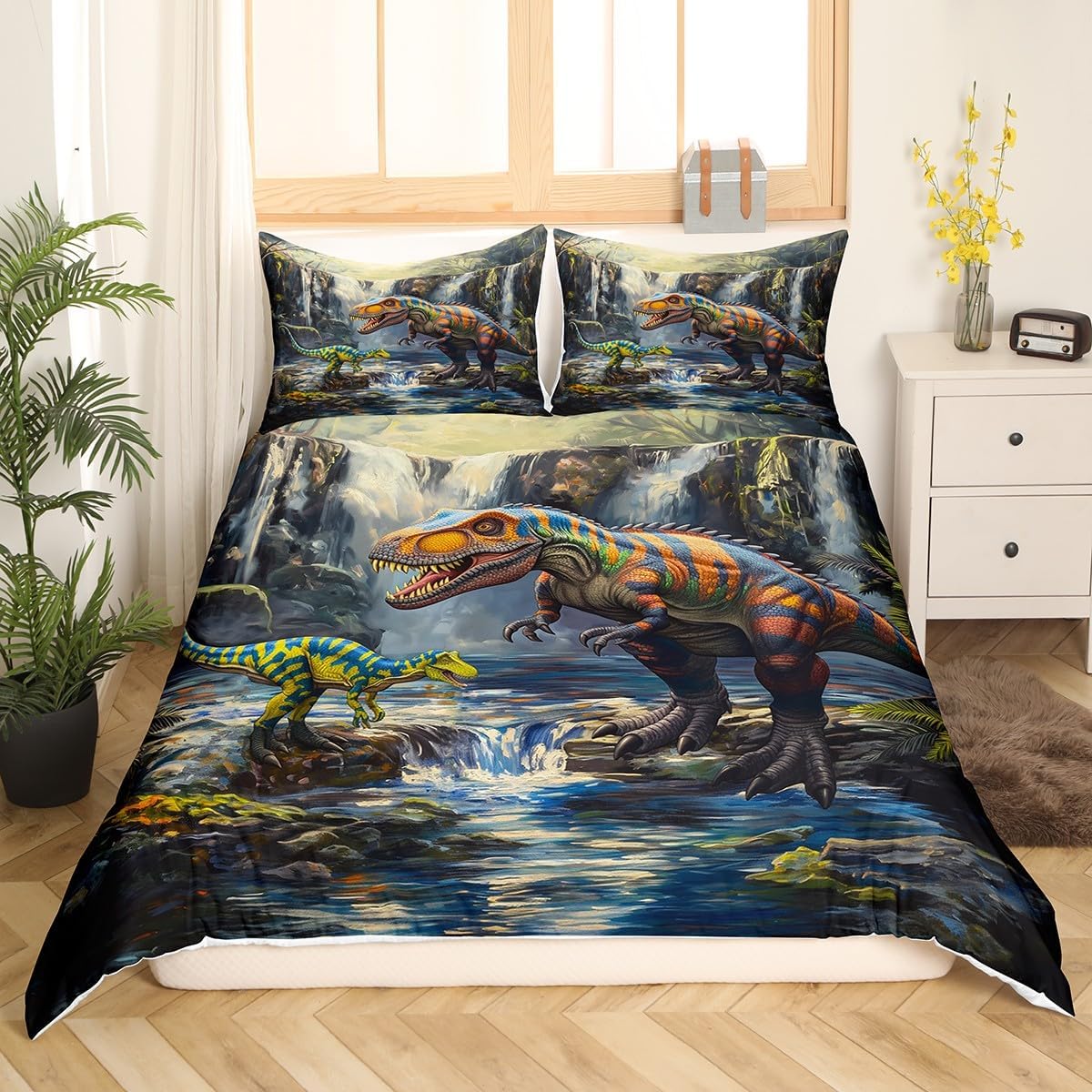 Watercolor Dinosour Kids Duvet Cover Set Queen Size,Jungle Pine Trees Mountain Bedding Set,Boys Girls Room Decor,Dino Ancient Animals Comforter Cover,Green Blue Quilt Cover,2 Pillowcases(No Comforter)