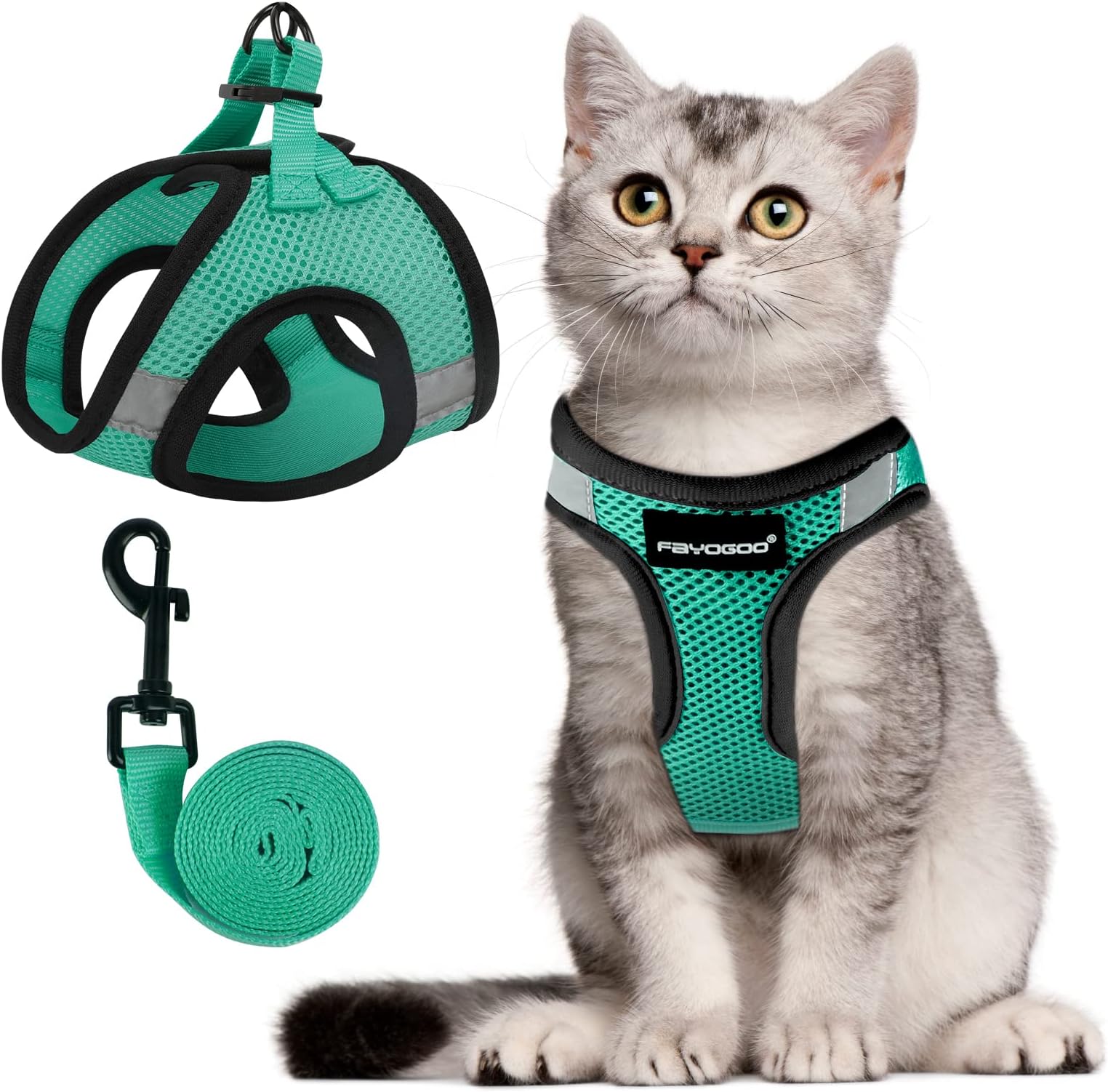 FAYOGOO Cat Harness and Leash Set | Upgrade Step-in Escape Proof Harness | Lightweight Soft Vest, No-Choke Design for Walking, Travel, Camping (Green)