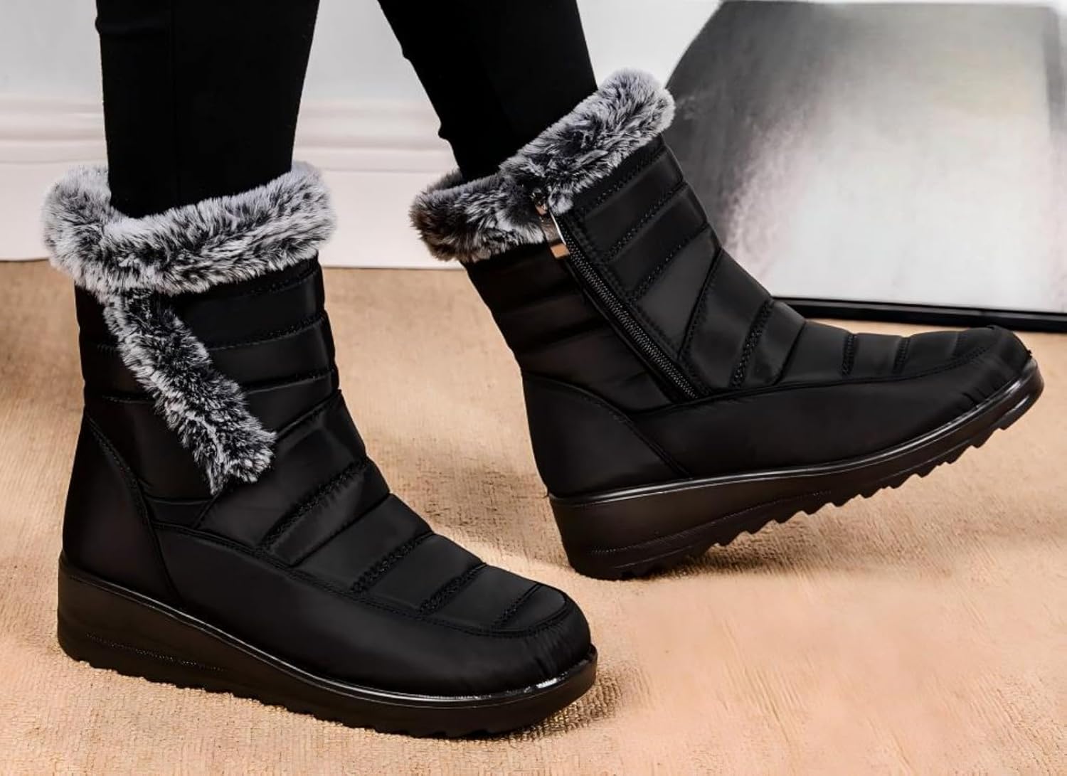 FUNCOS Women's Waterproof Fur Lined Snow Boots Winter Zipper Outdoor Booties