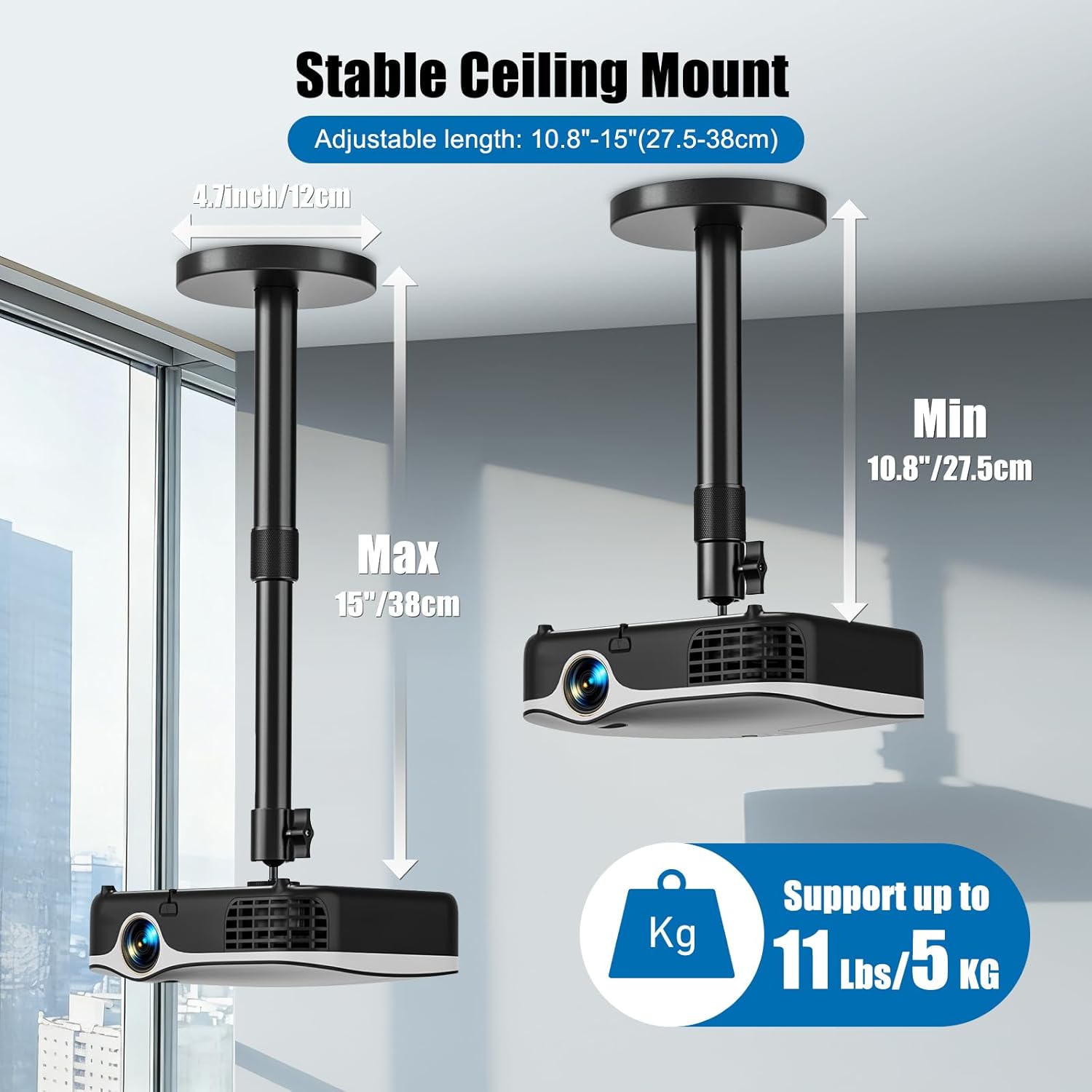 Projector Ceiling Mount, 10.8" - 15" Extendable Length Ceiling Projector Stand with 1/4" Screw, Compatible with TMY, HAPPRUN, Aurzen & Most Device, 360° Rotation & 120° tilt for Ceiling Wall Use